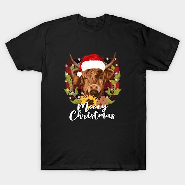 Mooey Christmas Tshirt Highland Cow Xmas Light Santa Hat T-Shirt by dounjdesigner